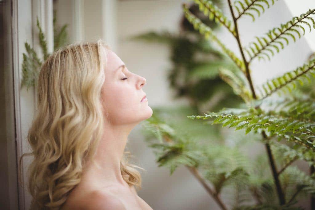 Woman Smelling Green Leaves, Peaceful