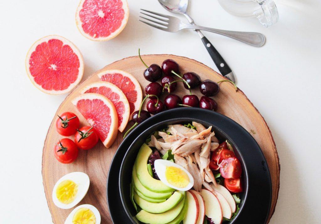 Food Bowl With Cherries, Chicken, Fruits